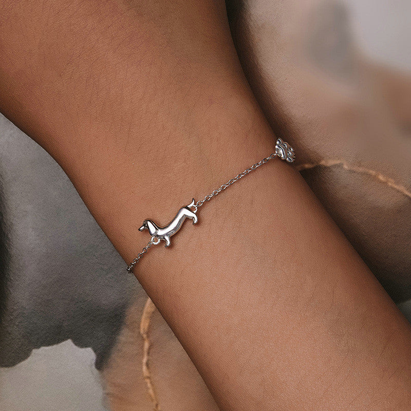 Silver White Gold Plated Cute Sausage Dog Bracelet Ornament