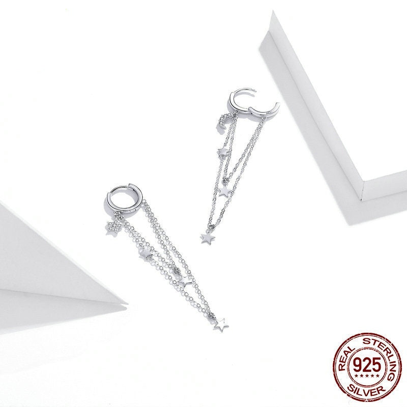 Silver Star Moon Tassel Earrings