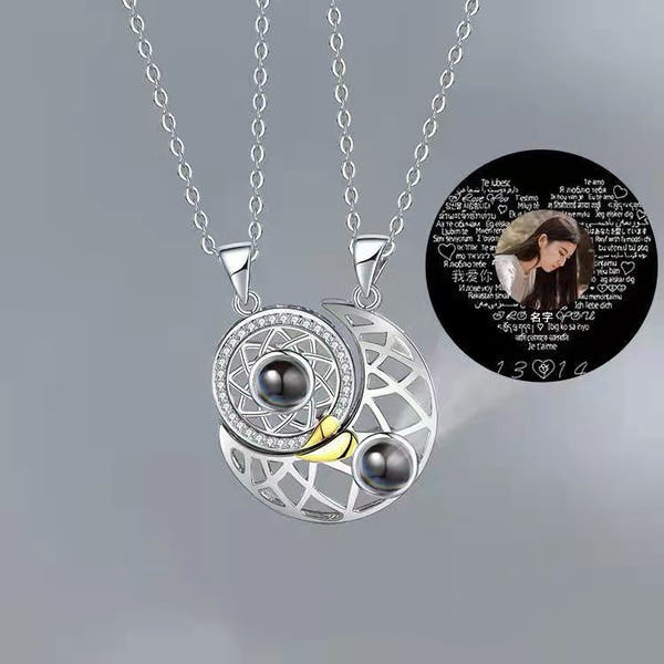 Sun Moon Projection Necklace Languages I Love You Couple Necklace Microcarving Text Photos
