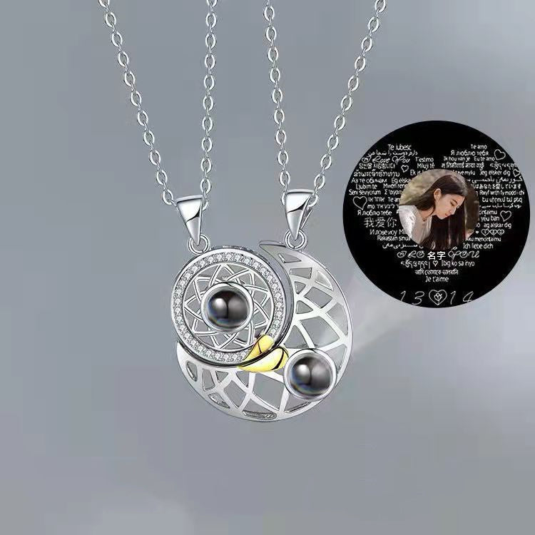 Sun Moon Projection Necklace Languages I Love You Couple Necklace Microcarving Text Photos