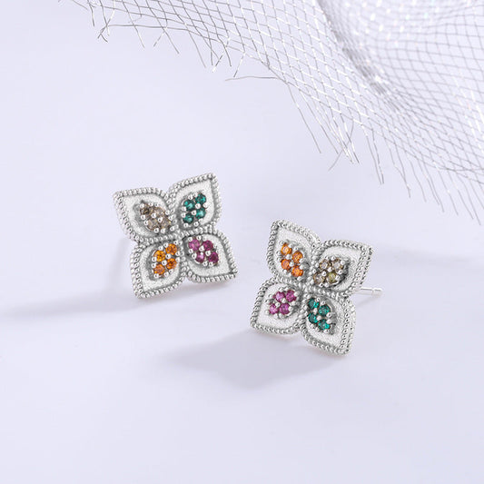 S925 Silver Four Leaf Grass Color Diamond Earrings null
