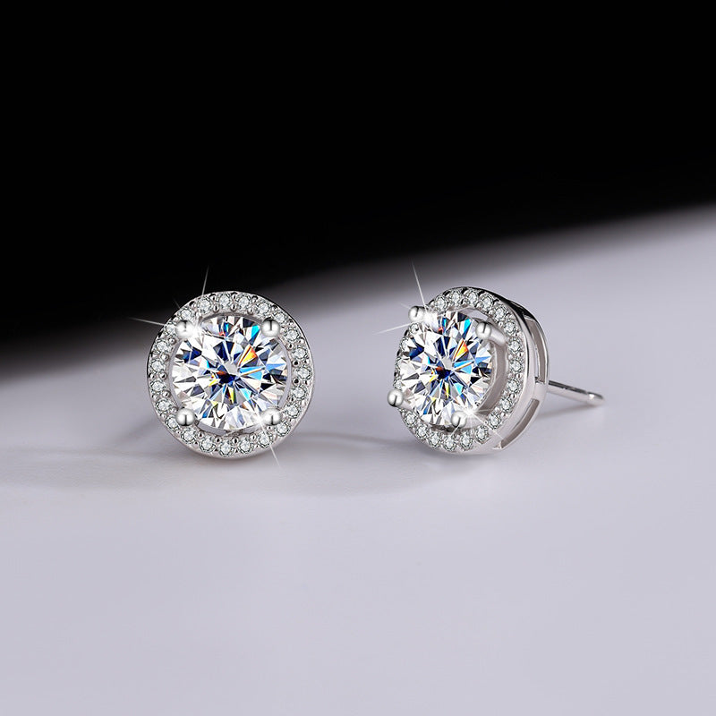 S925 Sterling Silver Genuine Goods Moissanite Round Bag Stud Earrings Simple Graceful null