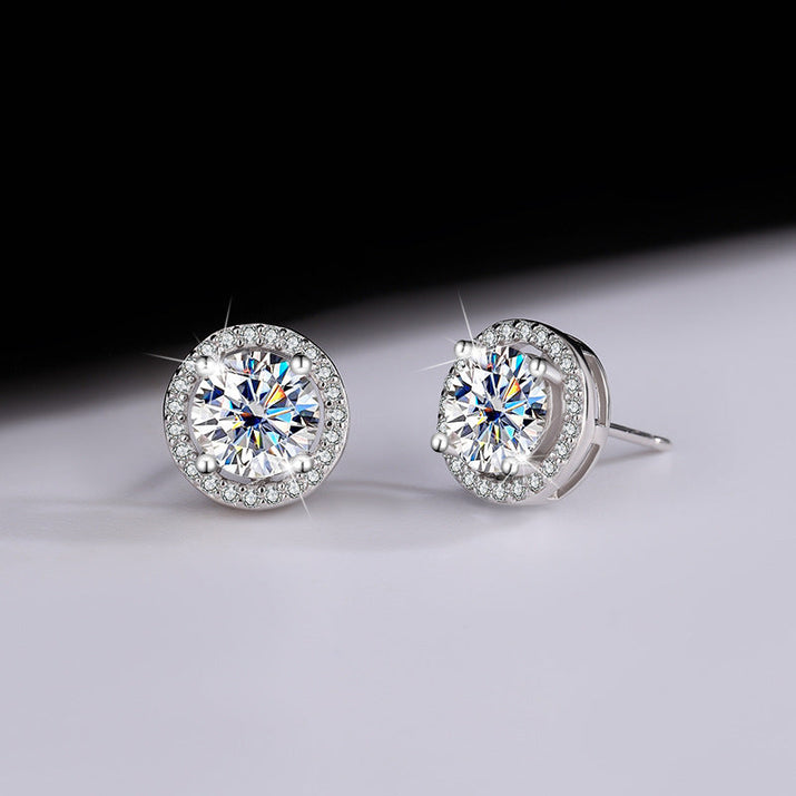 S925 Sterling Silver Genuine Goods Moissanite Round Bag Stud Earrings Simple Graceful null