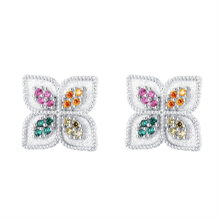 S925 Silver Four Leaf Grass Color Diamond Earrings null