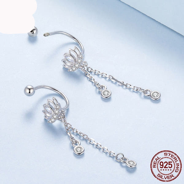 Silver Tassel Lotus Ear Studs