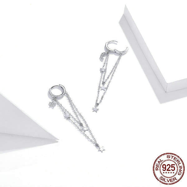 Silver Star Moon Tassel Earrings
