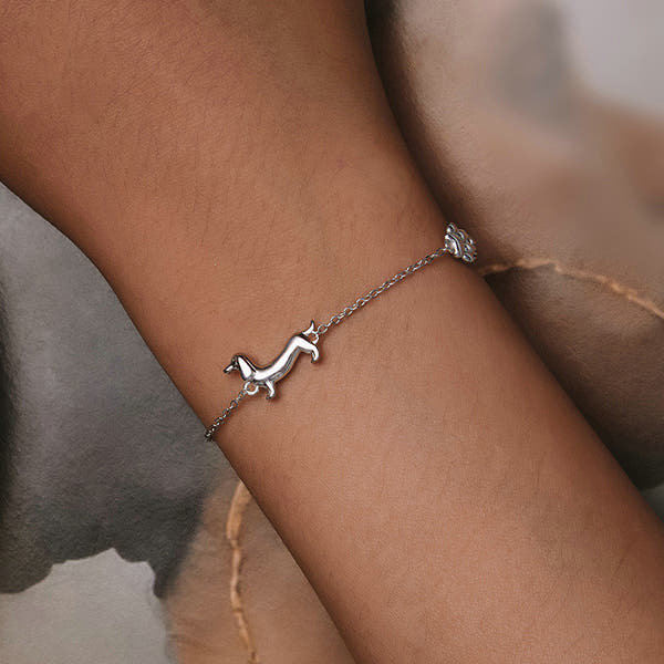 Silver White Gold Plated Cute Sausage Dog Bracelet Ornament